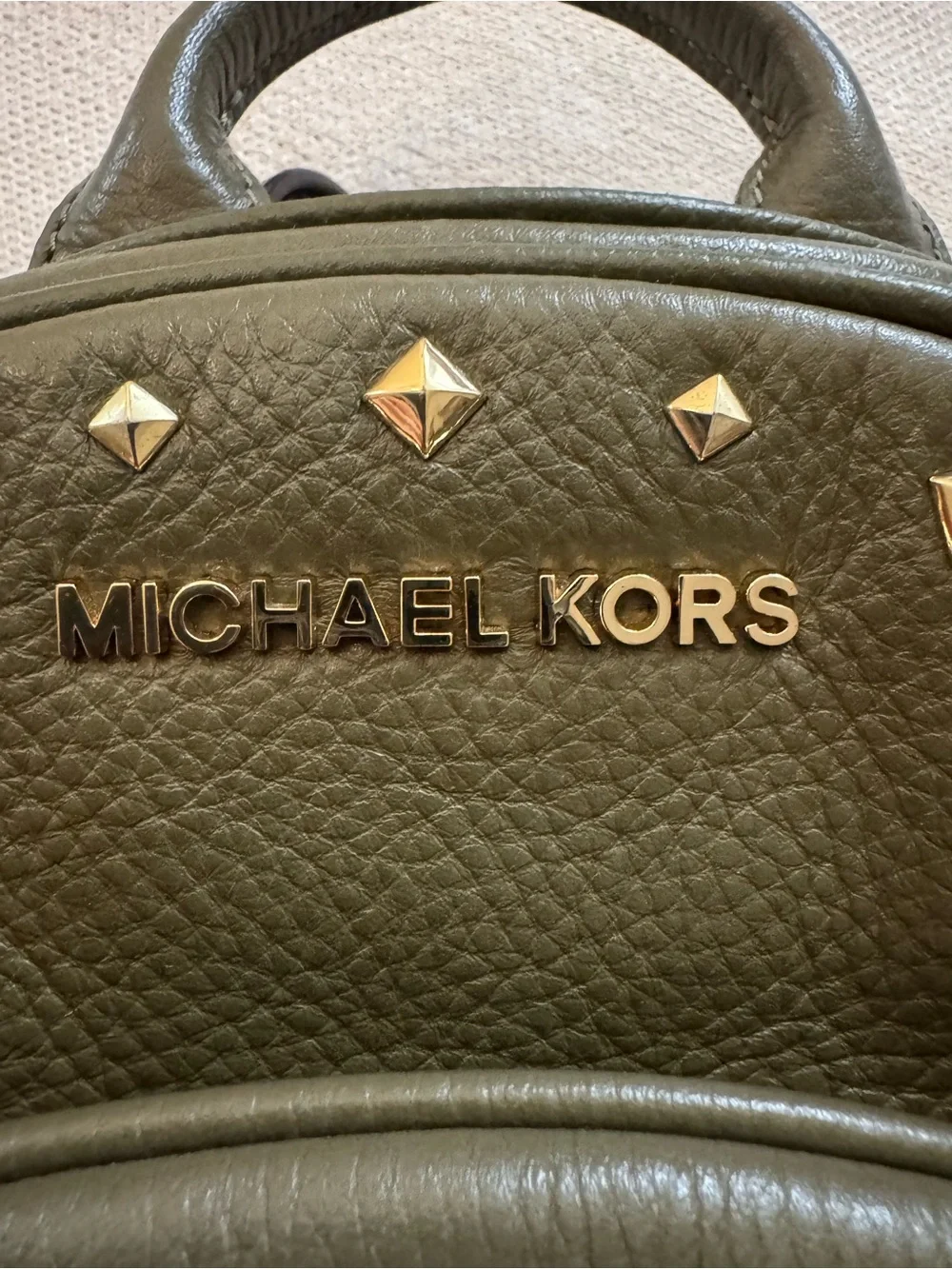 Michael Kors Olive Green Pebbled Leather Backpack with Gold Studs